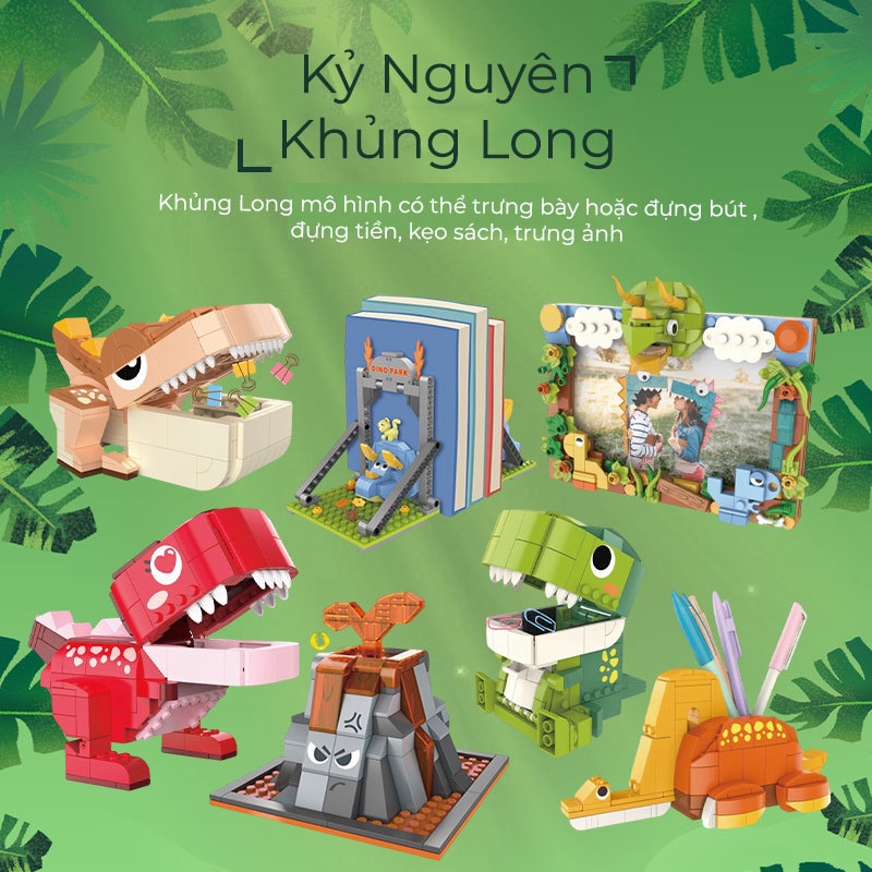Đồ Chơi Lắp Ghép Kiểu Lego Khủng Long Dụng Cụ Học Tập Đựng Bút /Kẹp Giấy /Heo Đất / Khung Ảnh/Giá Đỡ Điện Thoại Jaki