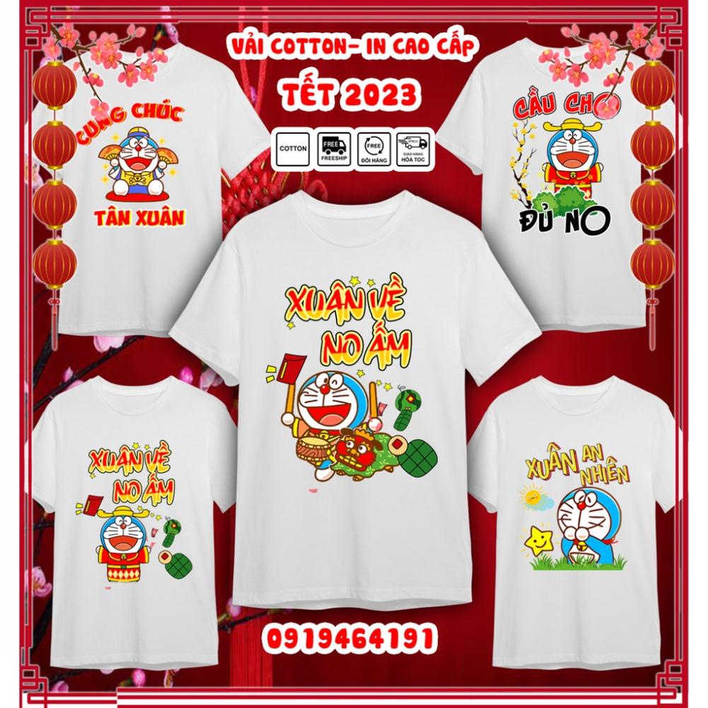 Áo thun doraemon tết quý mão 2023, áo thun tết con mèo doraemon, vải dày mịn mát, in cao cấp - Có size trẻ em