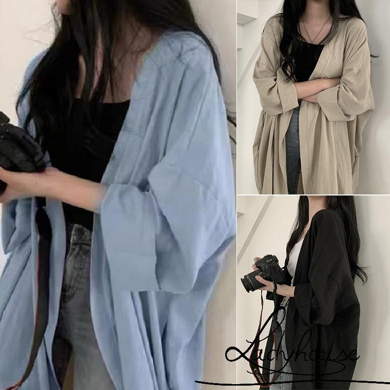 Áo Khoác Cardigan Tay Dài Màu Trơn Dáng Rộng Xẻ Tà Thời Trang Mùa Hè Cho Nữ