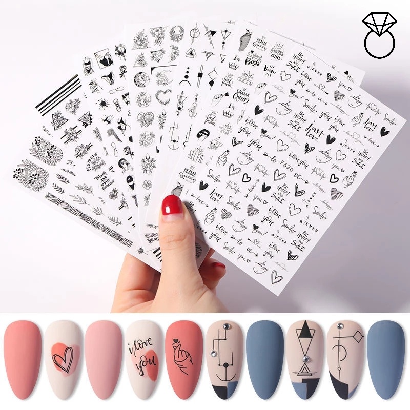 Sticker Dán Móng Họa Tiết Hình Học Trắng Đen 3D