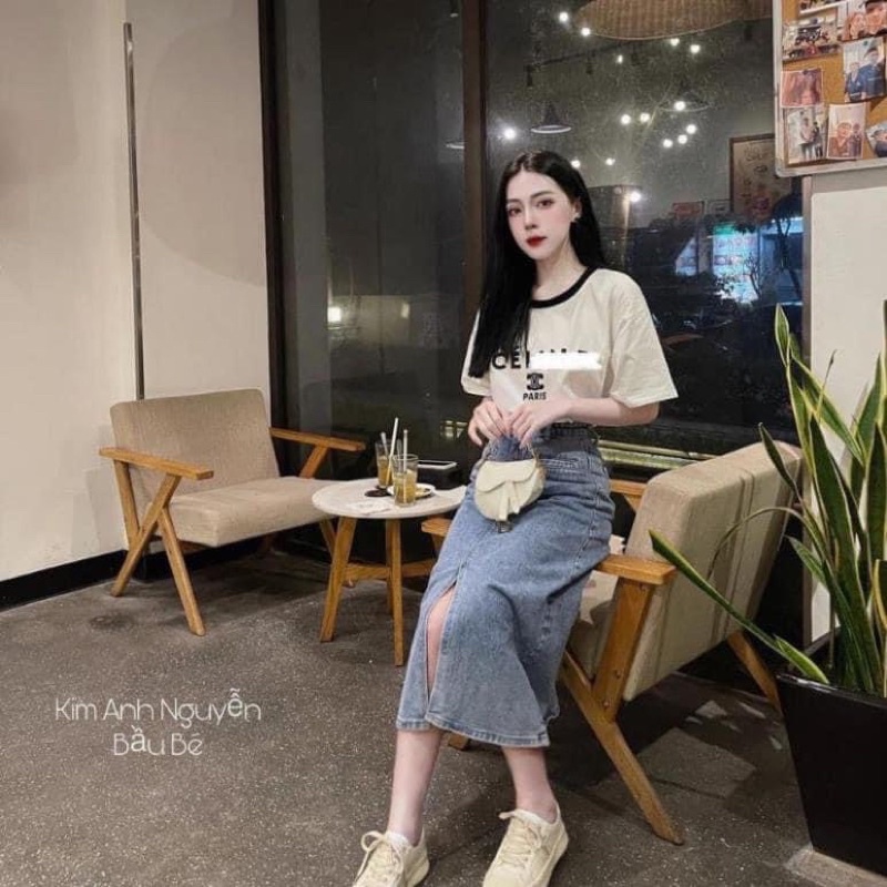 Chân váy jeans xẻ trước túi cơi dáng dài