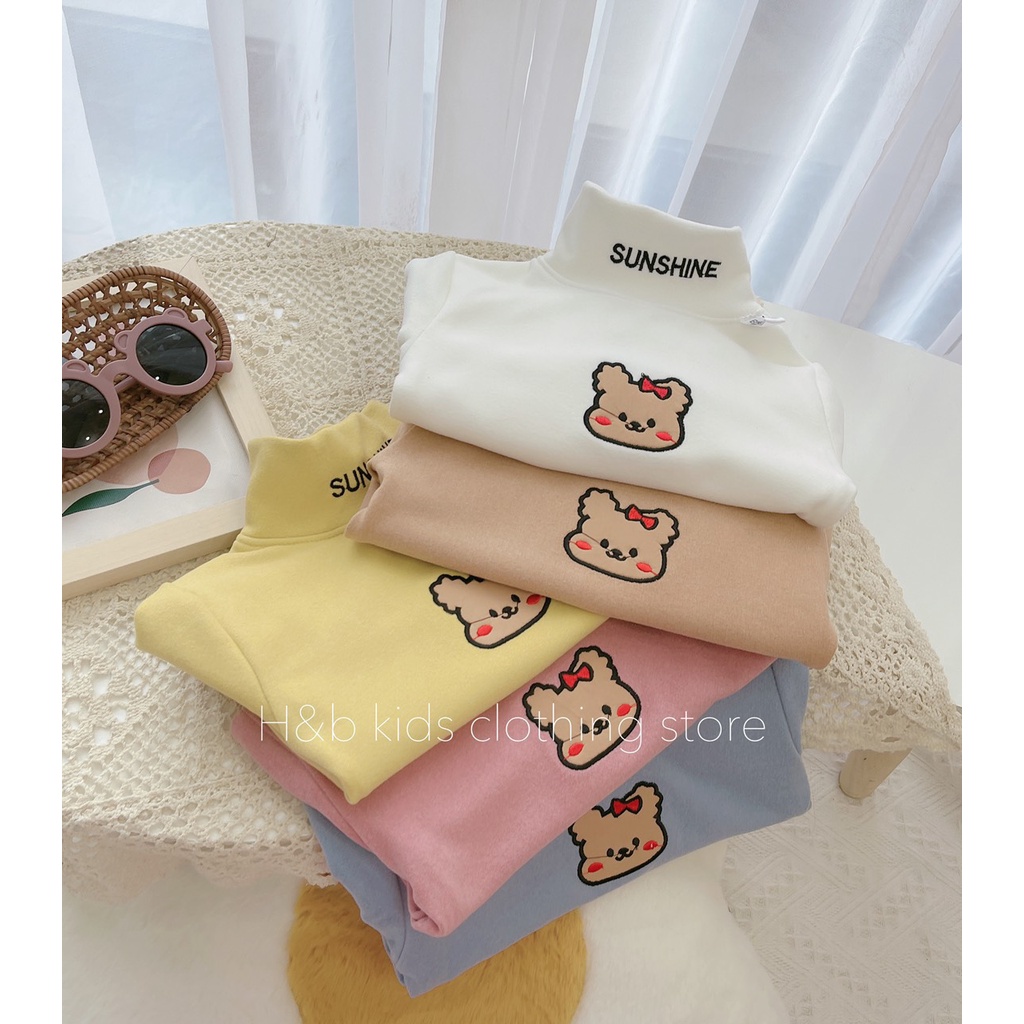 Áo Giữ Nhiệt Cho Bé Zip Lông Cổ Cao 3 Phân Hoạ Tiết Thêu Gấu, Áo Giữ Nhiệt Bé Trai Bé Gái, Áo Giữ Nhiệt M002