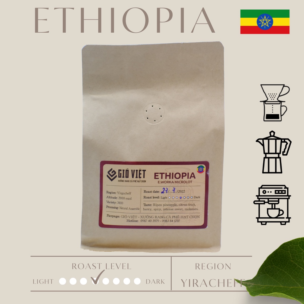Cà phê Ethiopia Worka Microlot Gió Việt Specialty coffee cho pha máy, pour over