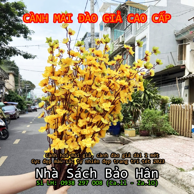 Cành hoa mai giả, cành đào giả dài 1 mét cực đẹp màu sắc tự nhiên đẹp trang trí tết 2023