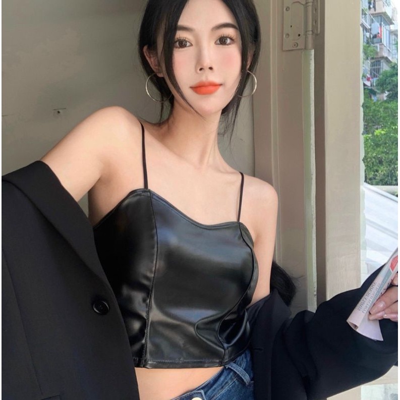 Bra da siêu chất, áo hai dây Croptop lưng chun siêu co giãn túi zip, Áo croptop da 2 dây có đệm ngực 2235