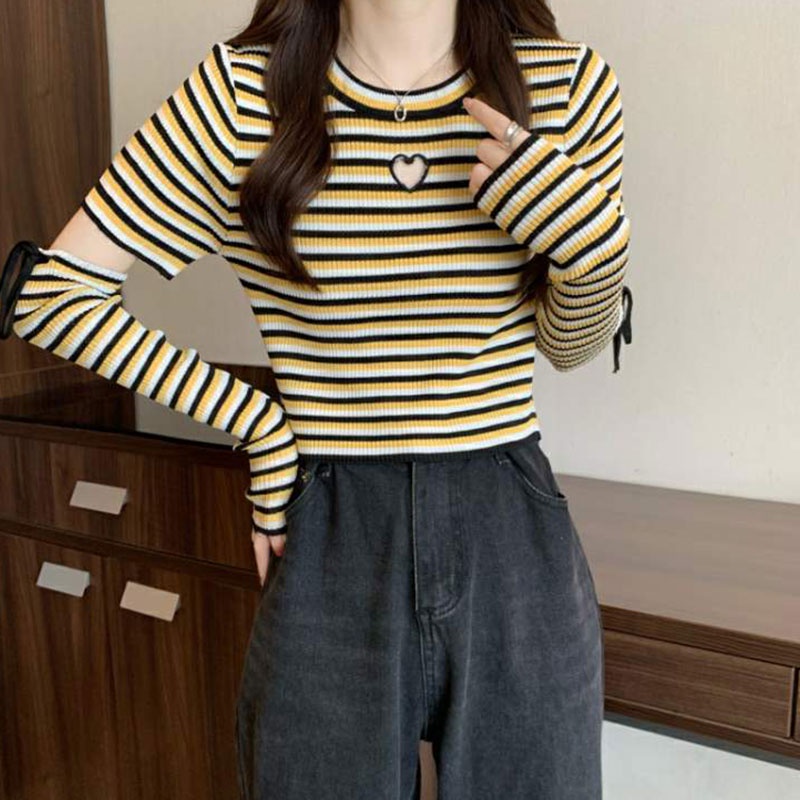 Áo Thun Tay Dài Dáng Ôm Họa Tiết Kẻ Sọc Thời Trang Hàn Quốc Cho Nữ