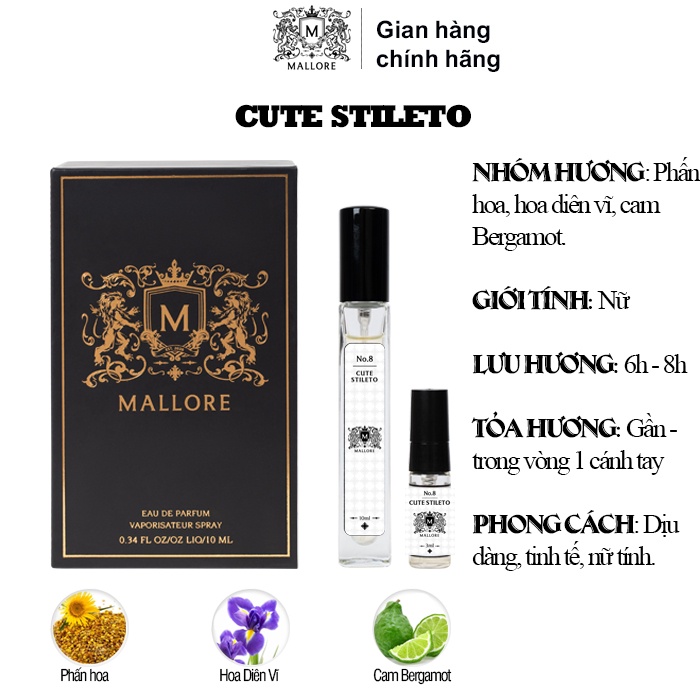 Nước hoa nữ Mallore Cute Stileto ngọt ngào, quyến rũ, sang trọng. Nước hoa mini gợi cảm 10ml dạng xịt tiện lợi