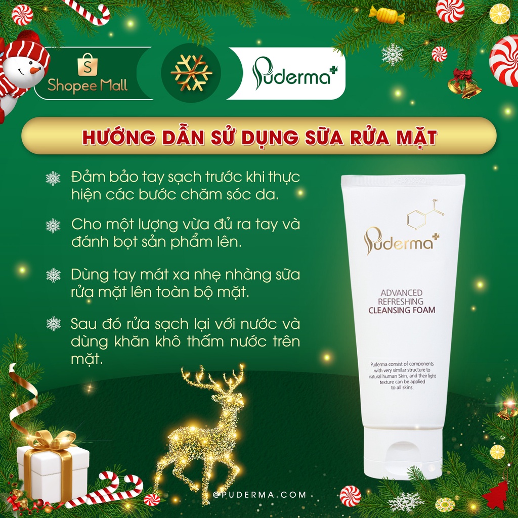 Sữa rửa mặt Puderma Advanced Refreshing Cleansing Foam dưỡng ẩm, làm sạch da 120m