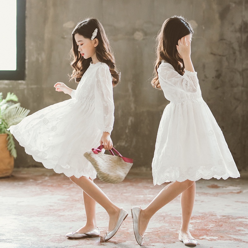 Đầm cotton Trắng Tay Dài Phối Ren Thời Trang Cho Bé Gái 2-16 Tuổi