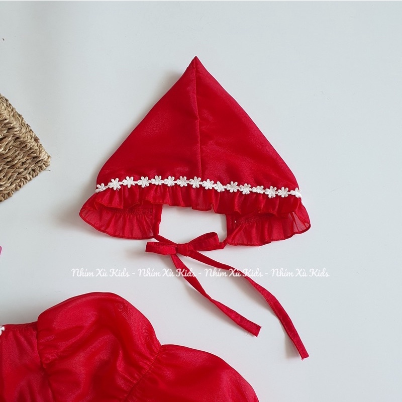 Body Váy Tơ Đỏ 𝐍𝐇𝐈́𝐌 𝐗𝐔̀ 𝐊𝐈𝐃𝐒 Cho Bé Gái Sơ Sinh, Đầy Tháng, Thôi Nôi, Sinh Nhật Chất Tơ Hàn Ánh Nhũ B050