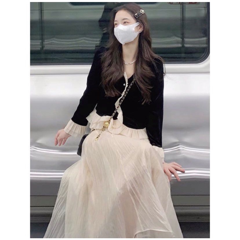 Set đầm thu đông 2023 áo tay dài bèo mix chân váy voan tơ có lót dày dặn - Set tiểu thư thu đông mới nhất