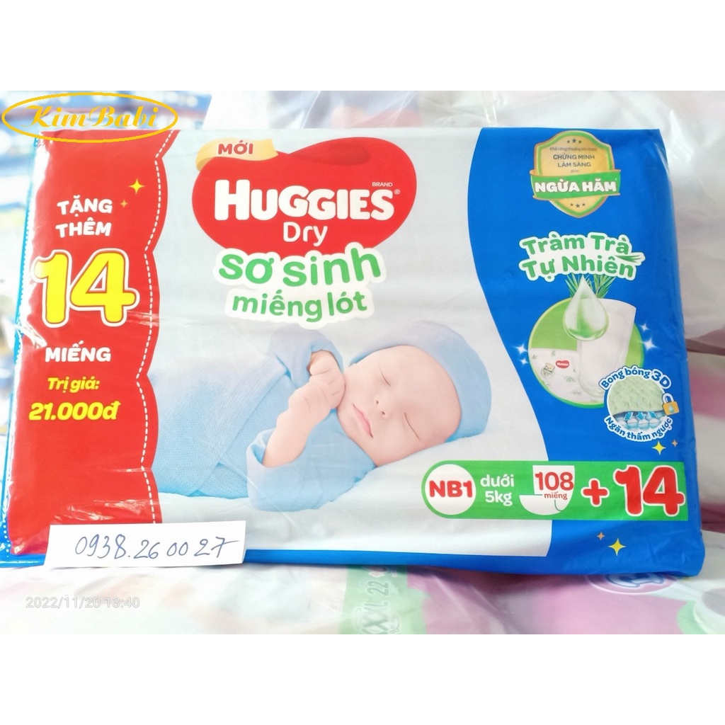 Miếng lót sơ sinh Huggies NB1 108 + 14 miếng tràm trà mới