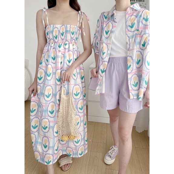 Đầm hai dây hoạ tiết