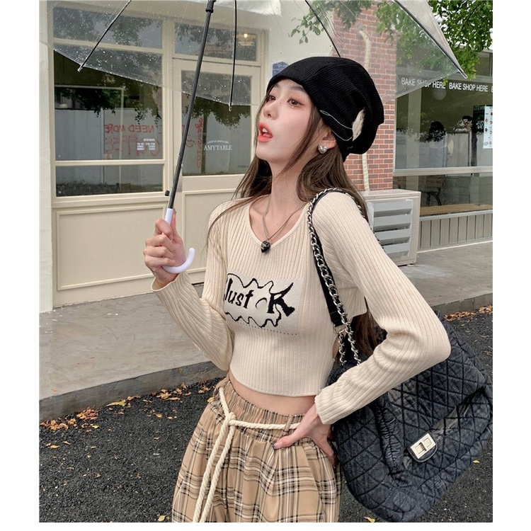 ZHELIHANGFEI Áo Croptop Dệt Kim Tay Dài Eo Cao Quyến Rũ Cho Nữ