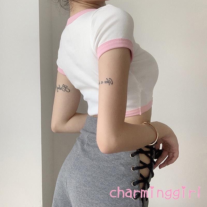 Áo Croptop Ôm Body Cổ Tròn Tay Ngắn MIRA.CLOSET, Áo Trắng Viền Hồng Hoạ Tiết Thêu Con Mèo A5316