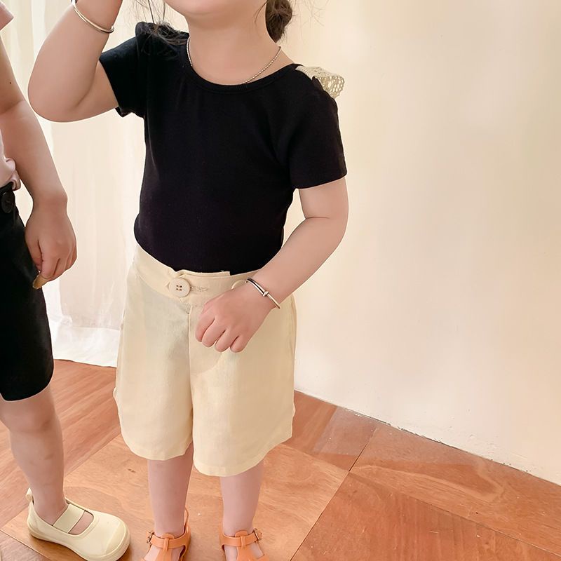 Áo Thun Tay Ngắn Phối Ren Và Nơ Dễ Thương Phong Cách Hàn Quốc Cho Bé Gái