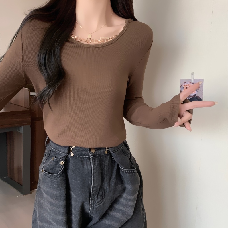 Áo Thun Tay Dài Cổ Tròn Phối Dây Xích Thời Trang Mùa Thu Mới Cho Nữ