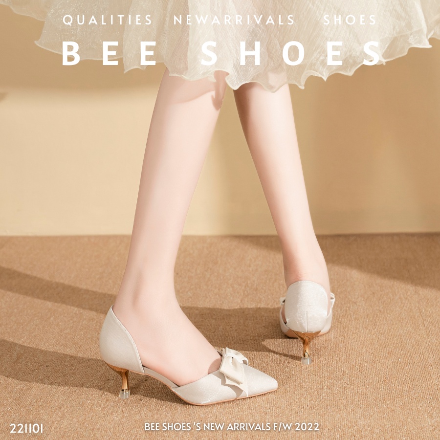 BEESHOES - GIÀY CAO GÓT NỮ MŨI NHỌN - GIÀY CAO GÓT NỮ GÓT NHỌN KHOÉT HÔNG CAO 5 PHÂN SẴN MÀU ĐEN KEM 221101