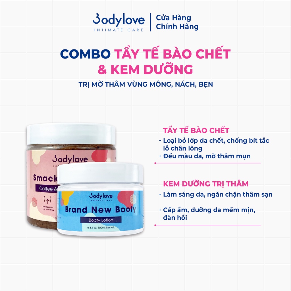 COMBO 1 hũ tẩy tế bào chết + 1 kem dưỡng trắng da mờ thâm mông, nách, bẹn, đầu gối BODYLOVE Brand New Booty lotion | BigBuy360 - bigbuy360.vn