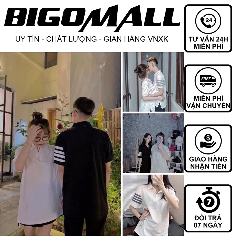 Áo polo Thom 4 sọc tay BIGOMALL - Áo phông nam nữ cổ bẻ unisex 4 vạch tay cháy phố freesize form rộng 65kg