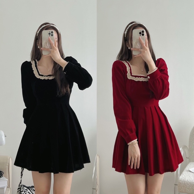 Đầm váy nhung dài tay ren cổ