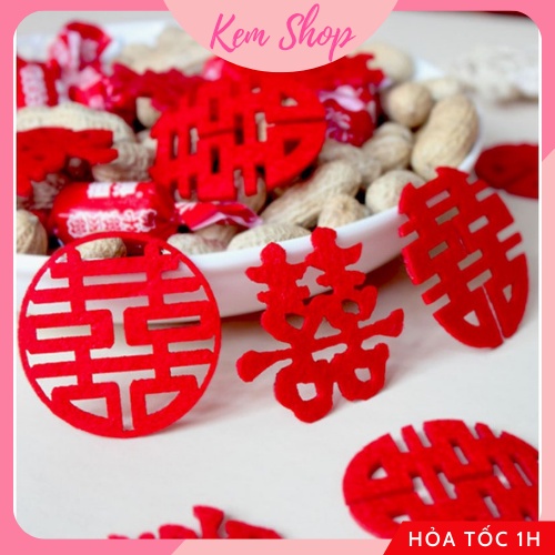 Set 30 chữ hỷ nỉ size nhỏ 5cm trang trí đĩa bánh kẹo cưới, rắc giường cưới phong cách Trung Hoa - Kem Shop K248