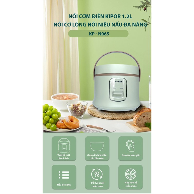 NỒI CƠM ĐIỆN KIPOR KP-N965 1.2L - LÒNG NỒI DẠNG NIÊU, PHỦ LỚP CHỐNG DÍNH CAO CẤP - TẶNG KÈM VỈ HẤP - HÀNG CHÍNH HÃNG