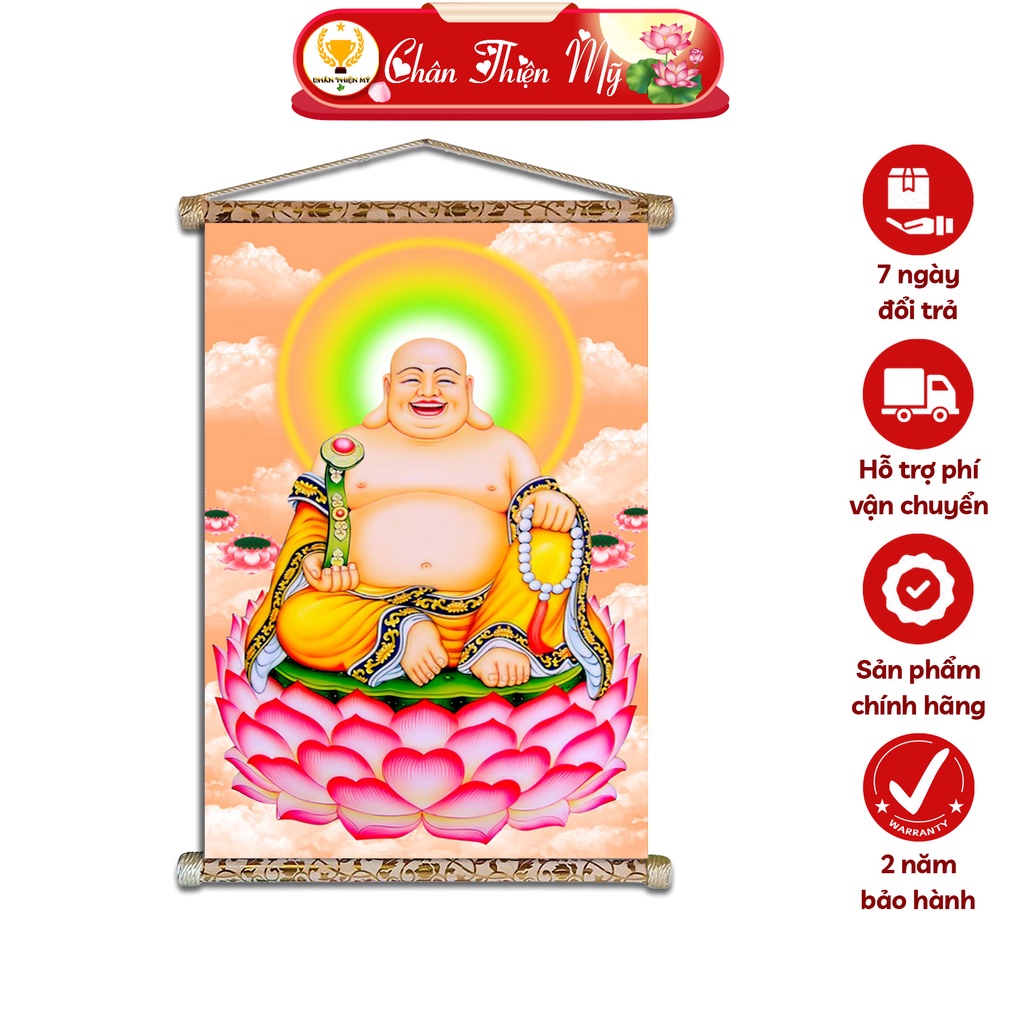 Tranh Phật Treo Tường Phật Di Lặc CHÂN THIỆN MỸ, Chất Liệu Vải Lụa Kim Sa Khung Gỗ 40x60cm DLTP-01