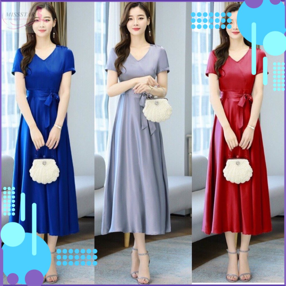 Đầm Phi Xòe Cổ V Thắt Eo Sang Trọng, Trẻ Trung, Thanh Lịch, Chất Phi Thun Dày Mềm Mịn, Mát, Bền Đẹp