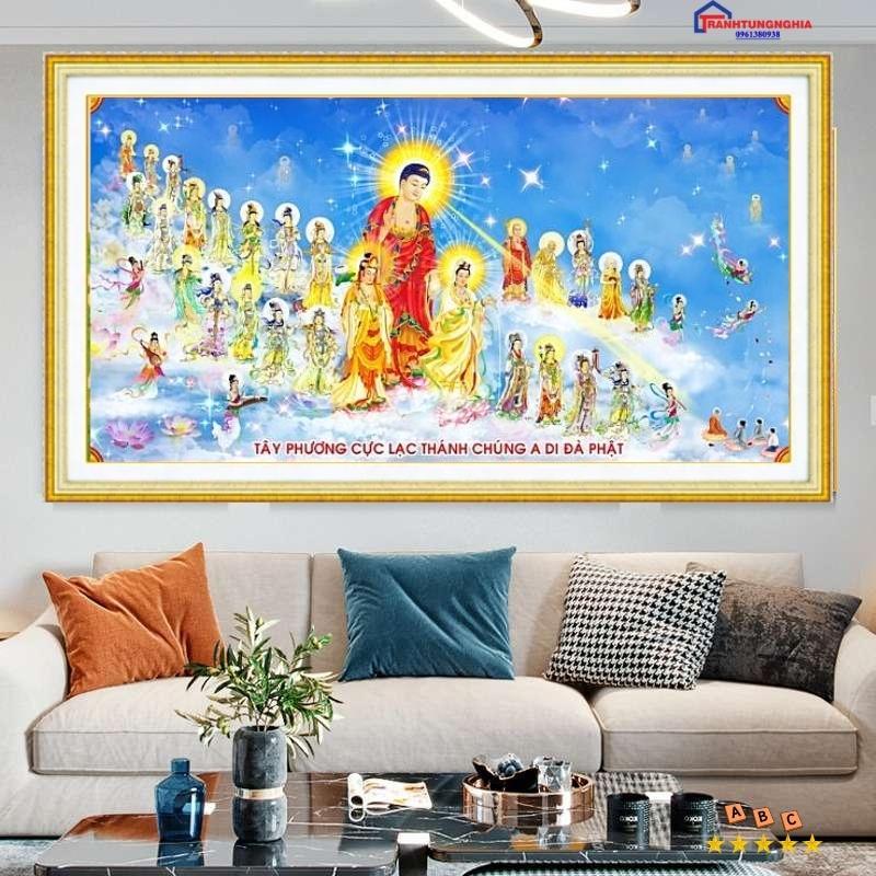 Tranh đính đá tây phương cực lạc thánh chúng a di đà phật. KT: 1m36 x 75cm