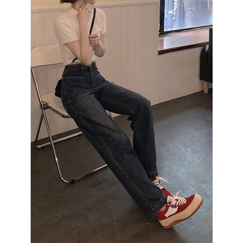 Quần bò nữ tôn dáng Hàn Quốc, Quần Jeans nữ xanh đậm lưng cao ống rộng Hustle All Day