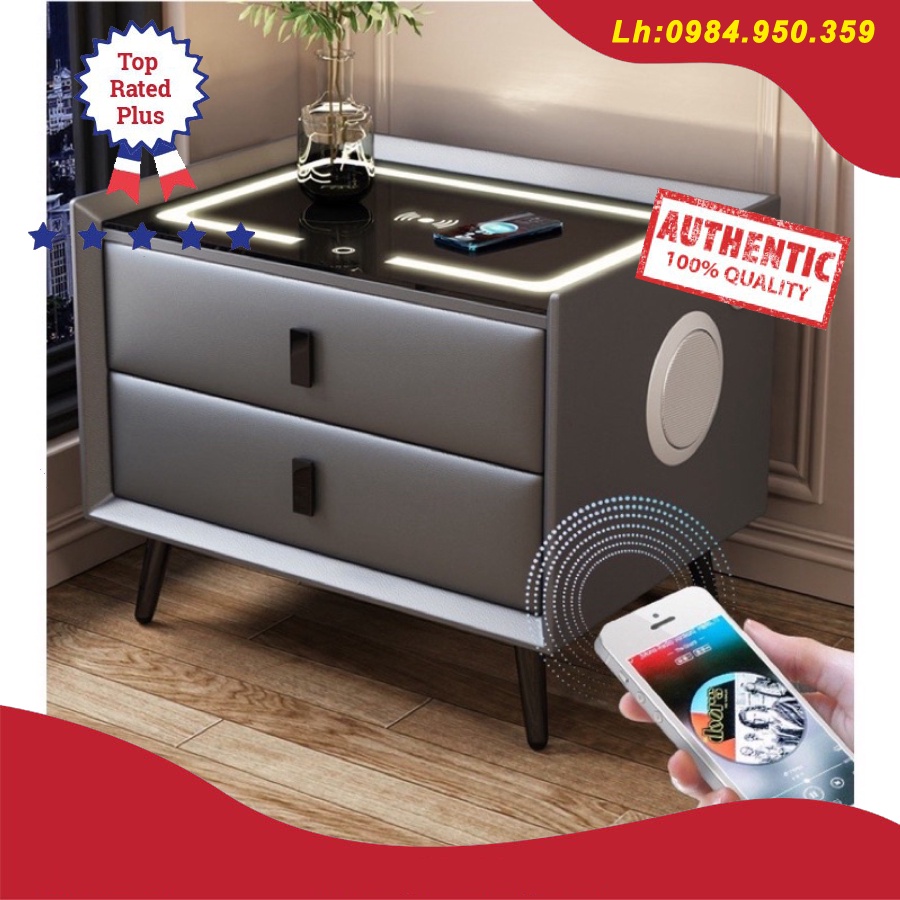Tap đầu giường,Tủ đầu giường thông minh 2 ngăn có khóa vân tay đèn Led,sạc không dây,cổng USB và loa Bluetooth