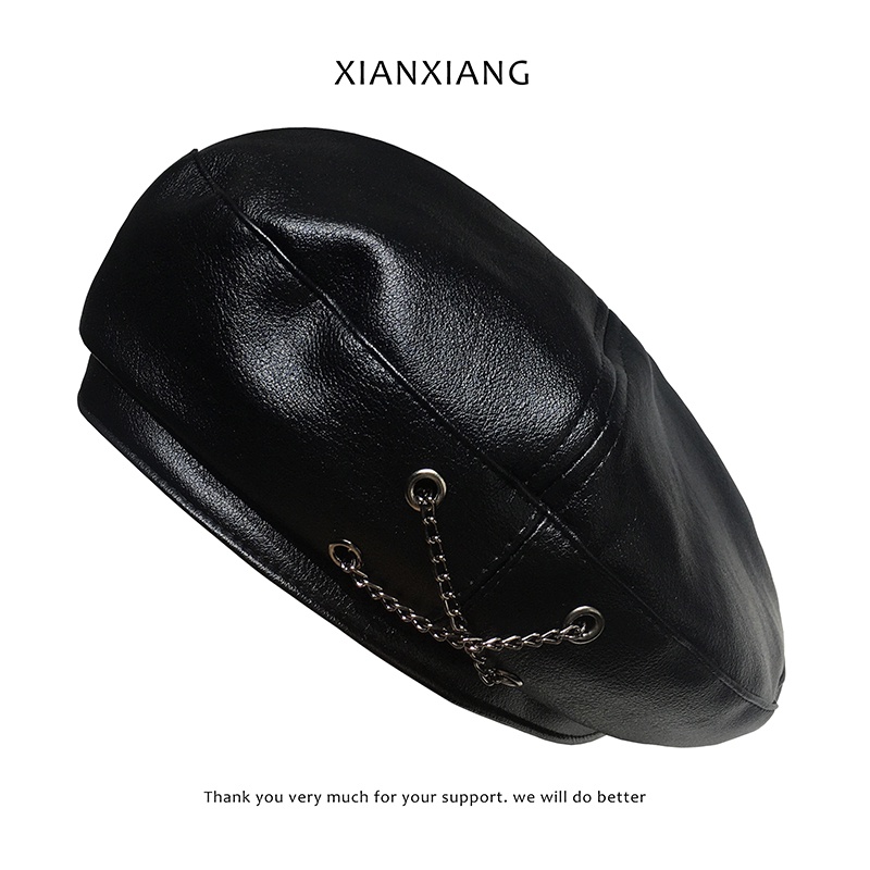Mũ Beret Da pu Phối Dây Xích Phong Cách Thời Trang Retro Nhật Bản