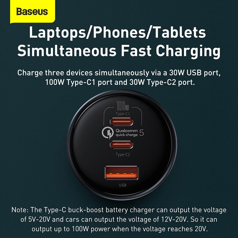 Tẩu Sạc Nhanh Oto Baseus TZCCZM-0G 160W QC 5.0 Sạc Cho Điện Thoại, LapTop Với Cổng USB + Dual Type C