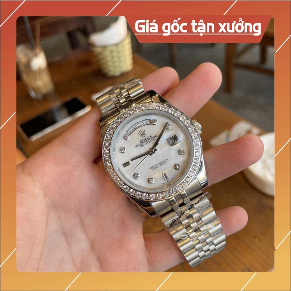 Đồng Hồ Nam RoLex Day-Date Sapphire RA82 Mặt TRẮNG viền đá Máy cơ Automatic Nhật