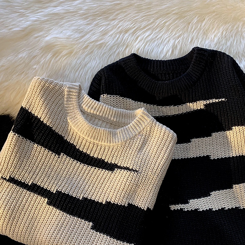 Áo sweater Dệt Kim Cổ Tròn Dáng Rộng Màu Sắc Tương Phản Thời Trang Mùa Đông Cho Nam