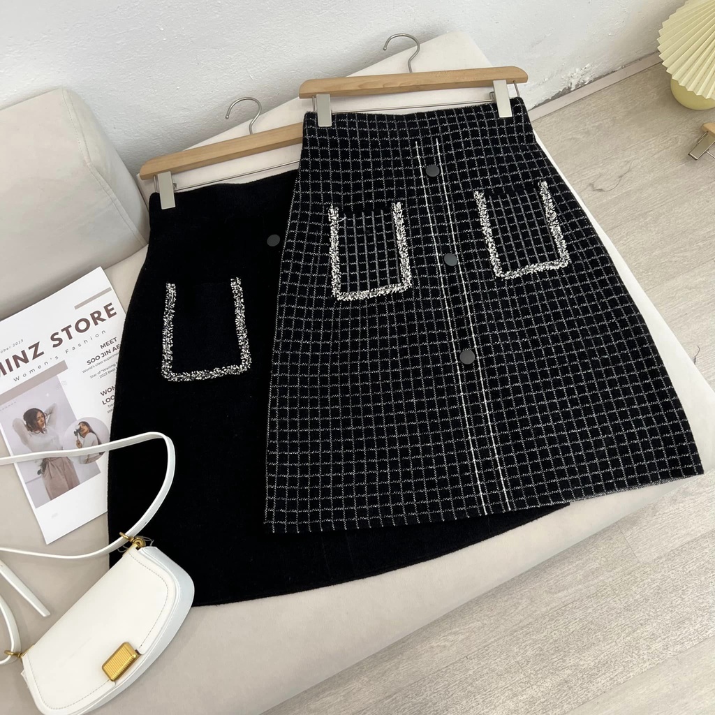 Chân Váy Len Dáng A Quảng Châu Nữ Minz Store Mã 726, Thiết Kế 2 Túi Hàng Cúc Giữa
