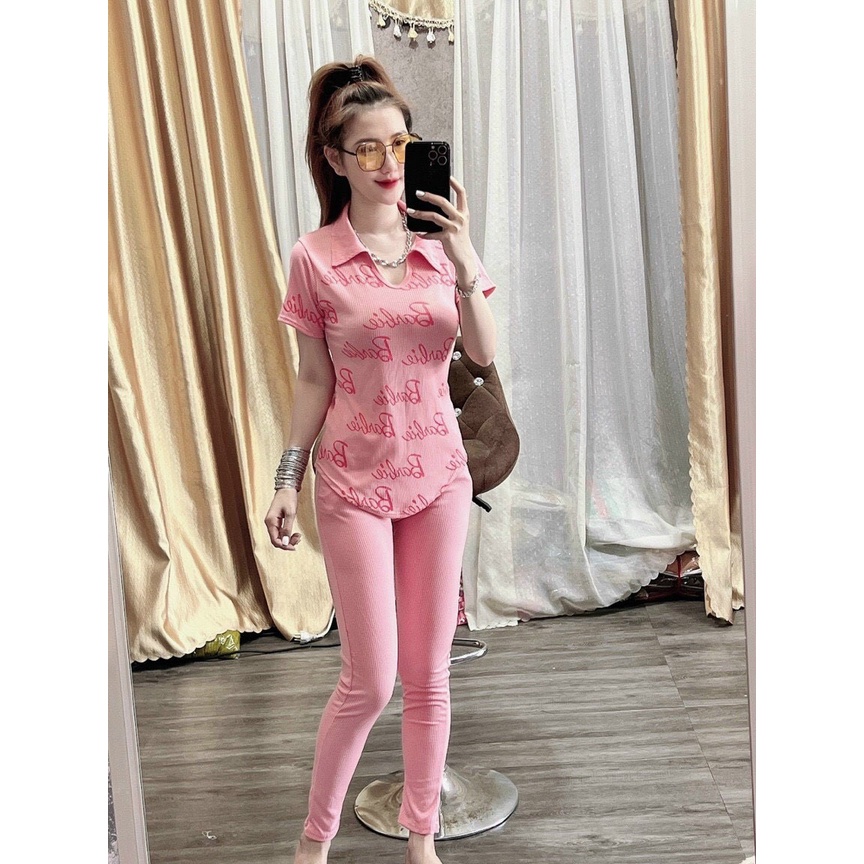 [12.12 Sales Freeship] Set bộ thun quần ôm phối áo thun cổ bẻ in chữ,set bộ mặc nhà cổ v tay ngắn chất thun đơn giản mtb