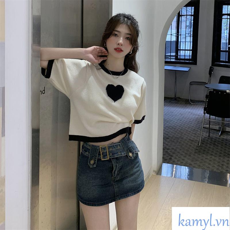 Áo Thun Dệt Kim Dáng Rộng Thời Trang Mùa Hè Cho Nữ hình trái tim Ngắn tay