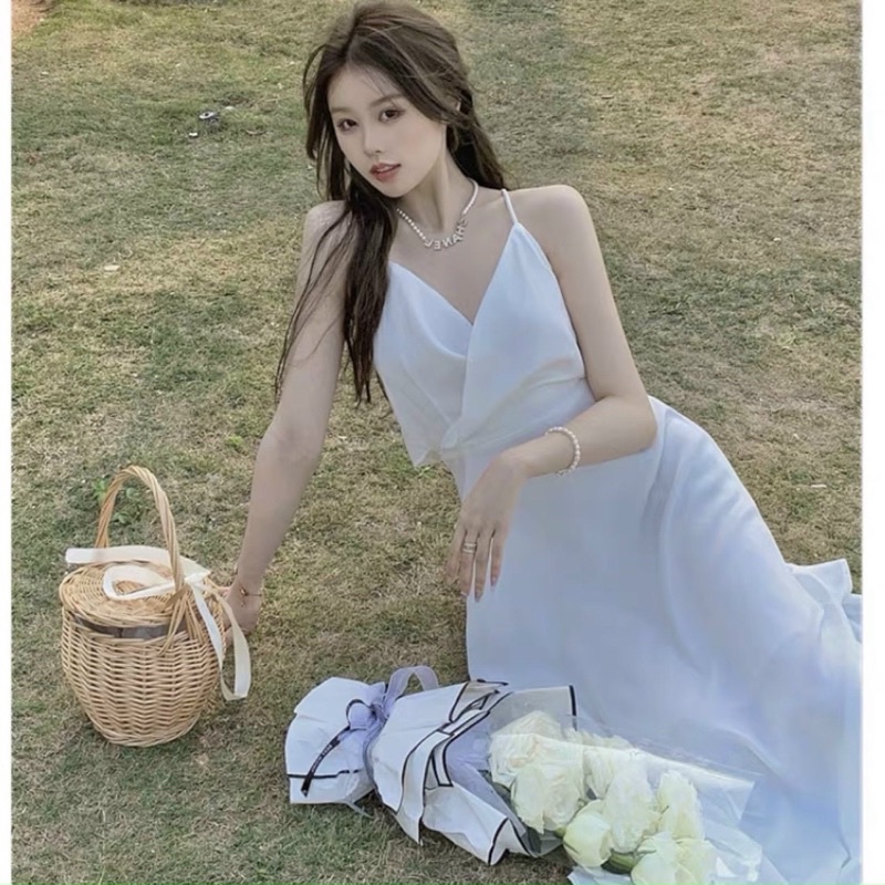 Đầm maxi trắng nơ sau có mút ngực