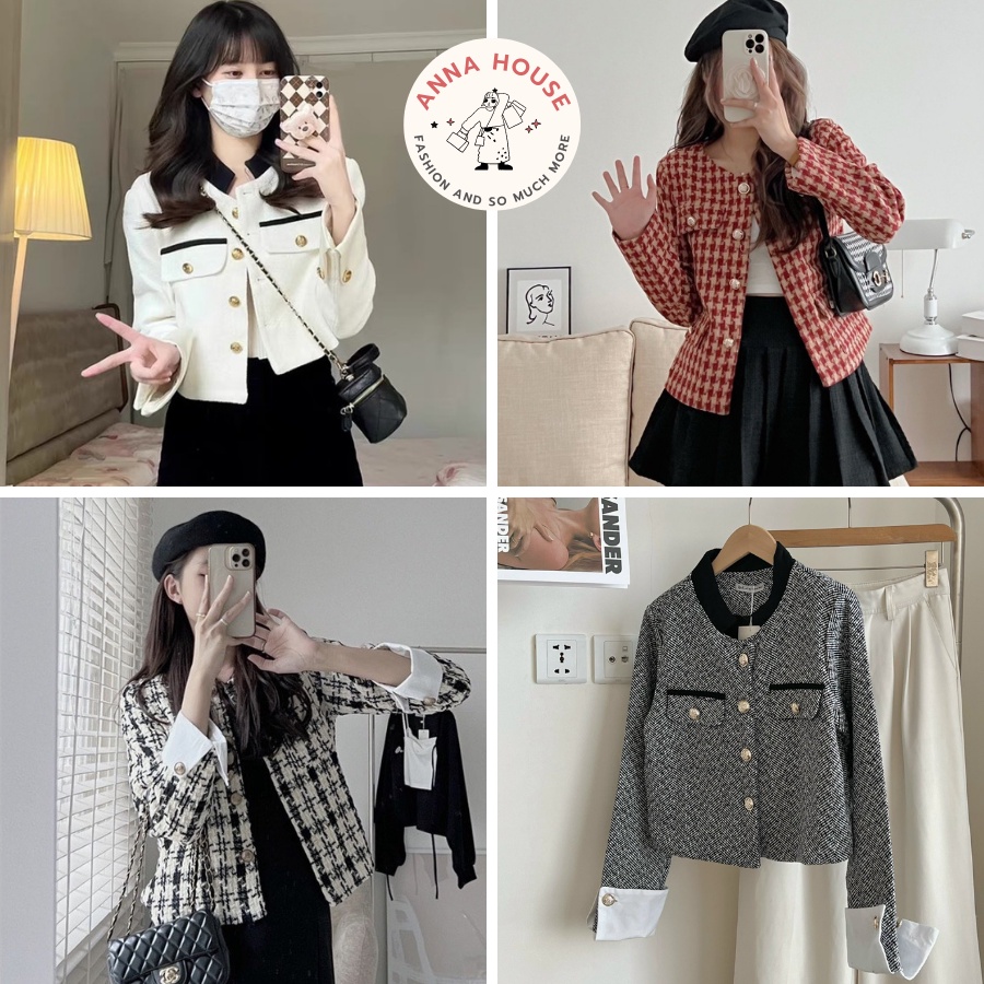 Áo Khoác Cardigan Croptop Chất Dạ Tweed Kẻ caro Nữ Cổ Tròn Dáng Ngắn Nhiều Mẫu, Áo Khoác Ngoài Croptop Chất Dạ Tweed Kẻ
