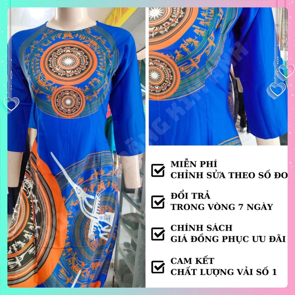ÁO DÀI NỮ ĐẸP MÀU XANH DƯƠNG IN 3D HOẠ TIẾT TRỐNG ĐỒNG MAY SẴN THIẾT KẾ TRUYỀN THỐNG TRUNG NIÊN KÈM QUẦN