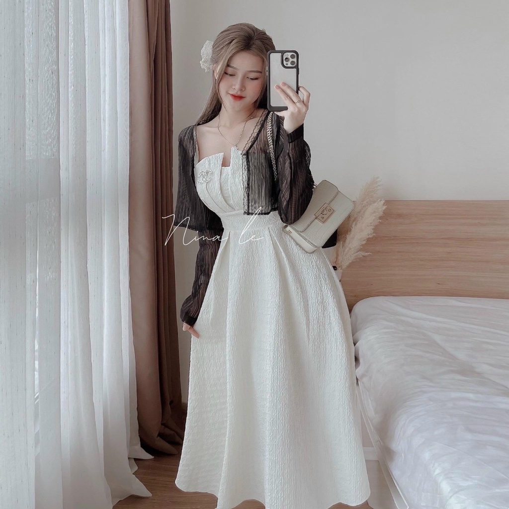 [12/12 Sale Freeship] Set đầm gấm kèm khoác,set áo khoác nhẹ ren lưới tay dài kèm đầm xẻ ngực gấm xốp màu trắng dx