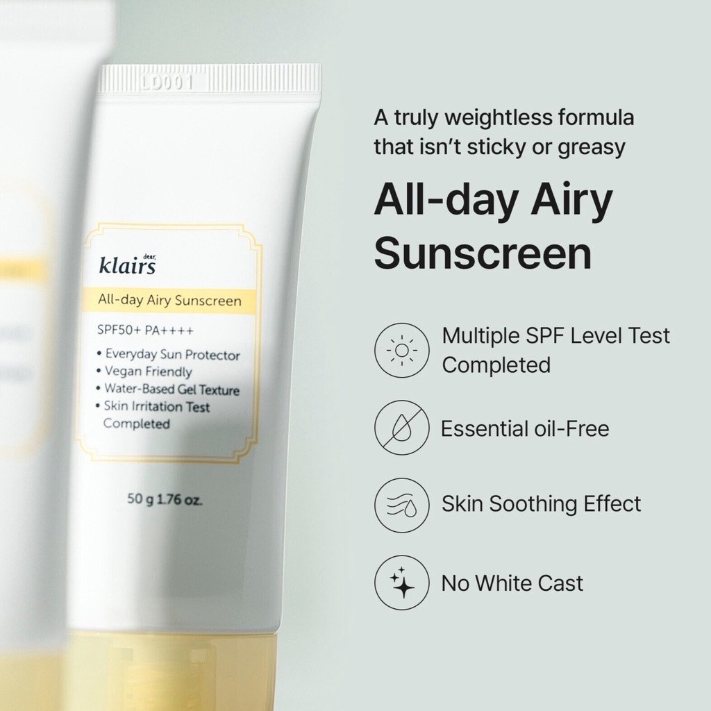 Kem Chống Nắng Mỏng Nhẹ, Cấp Ẩm Cho Da Klairs All Day Airy Sunscreen SPF50+ PA++++ 50g - MẪU MỚI