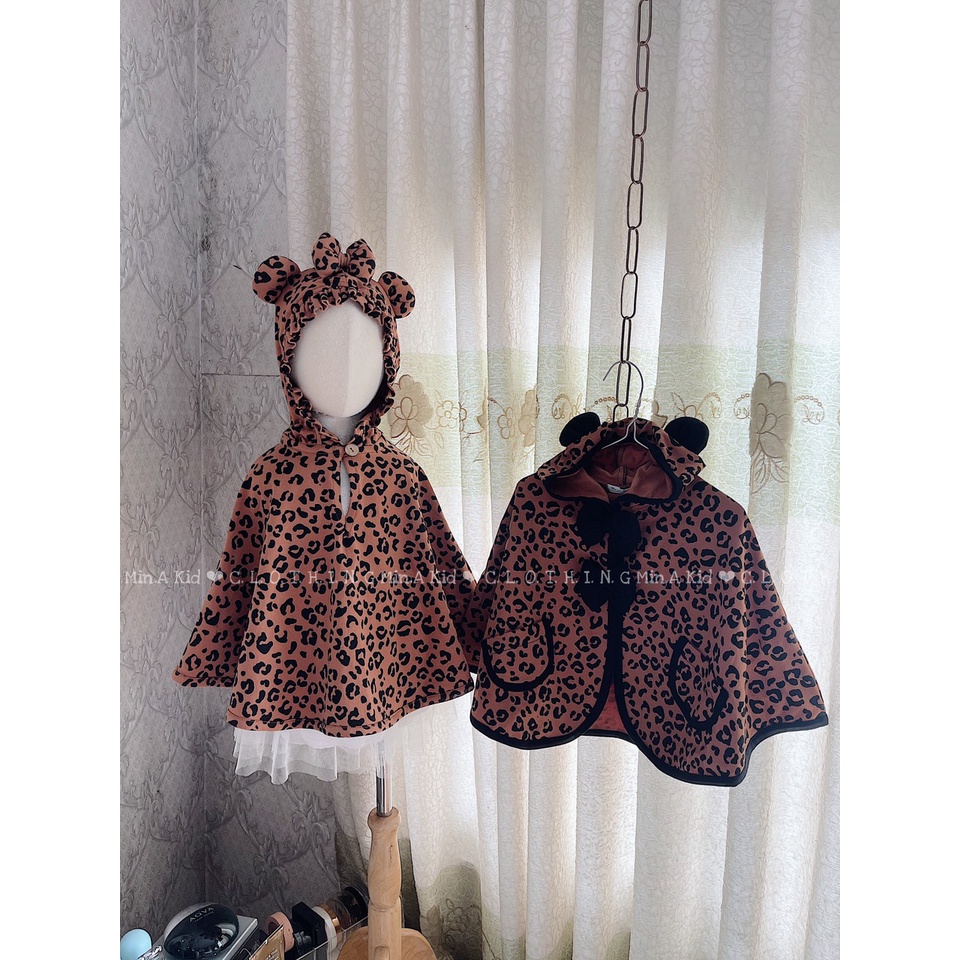 Áo choàng thiết kế họa tiết báo nâu có nón tai gấu dễ thương cho bé gái – Min A Kid