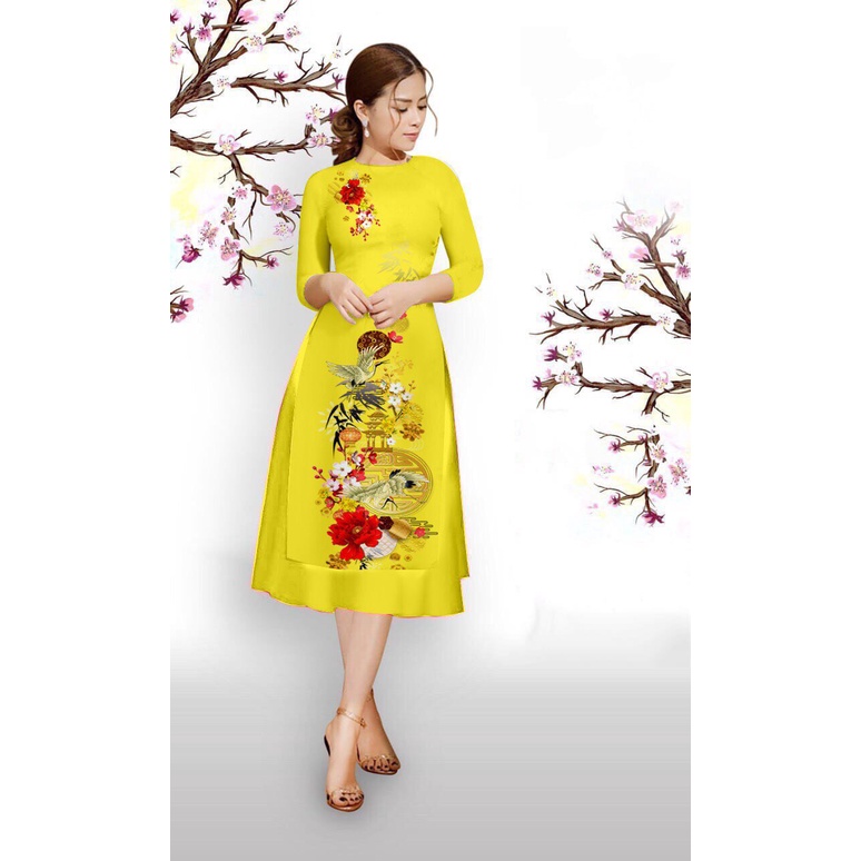 Áo dài cách tân - áo dài in hình hạt chất lụa la tinh mềm mịn co giản nhẹ