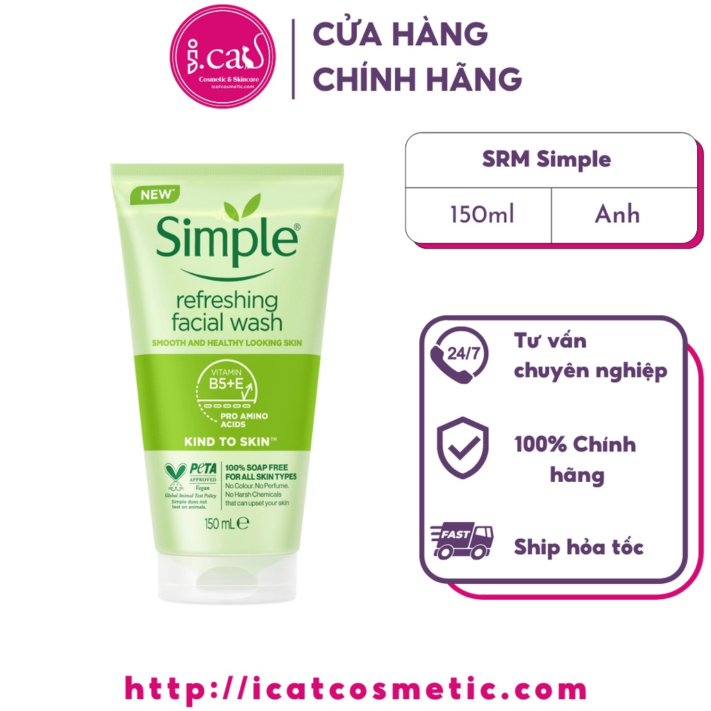 Sữa rửa mặt Simple giúp da sạch thoáng Refreshing Facial Wash Simple không chứa xà phòng 150ml - Hoa Ban Cosmetic