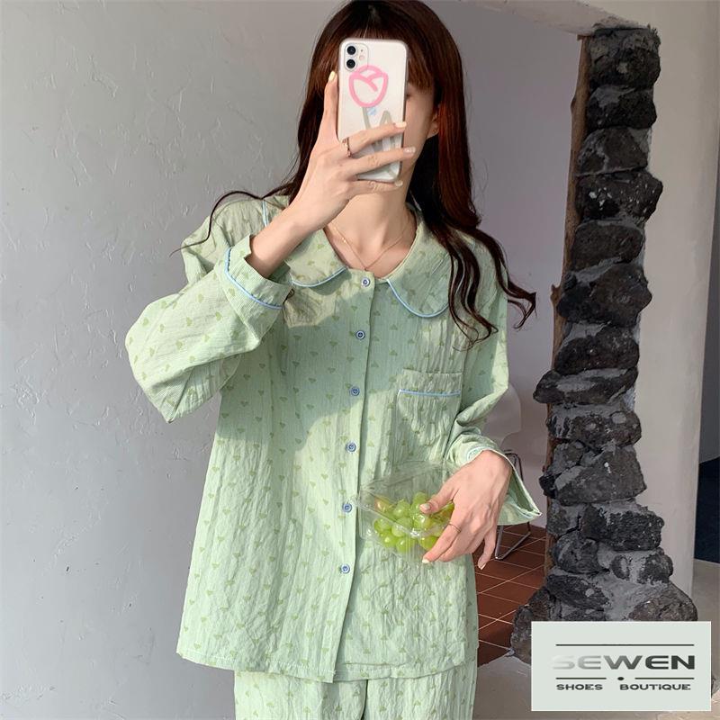 Đồ Ngủ Pajamas Cổ Búp Bê Kẻ Sọc Caro In Hình Trái Tim Màu Xanh Lá Cây Thời Trang Thu Đông Cho Nữ