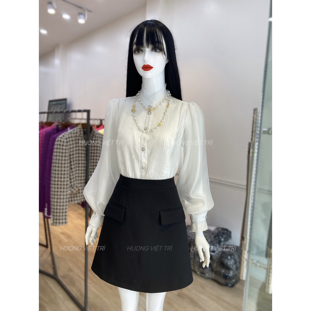 Áo oganza tơ tam cổ bèo dập ly nhỏ HUONGBOUTIQUE HBSM1026