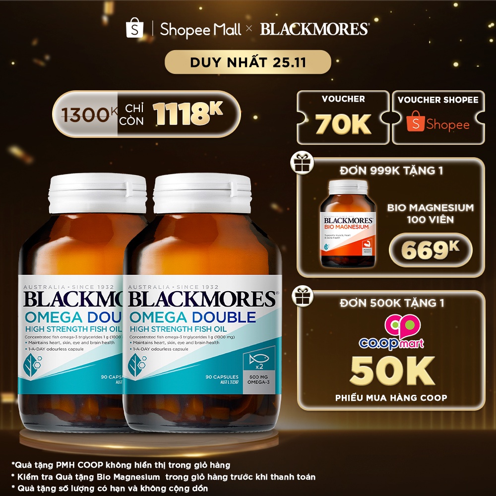 Combo 2 Lọ Viên Uống Dầu Cá Bổ Sung Omega Hỗ Trợ Cho Tim, Mắt và Da Blackmores Double Omega High Strength 90 Viên/Lọ
